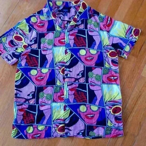 Forever 21 Men's Medium Cosmic Print Short-sleeved Button Shirt Multicolored